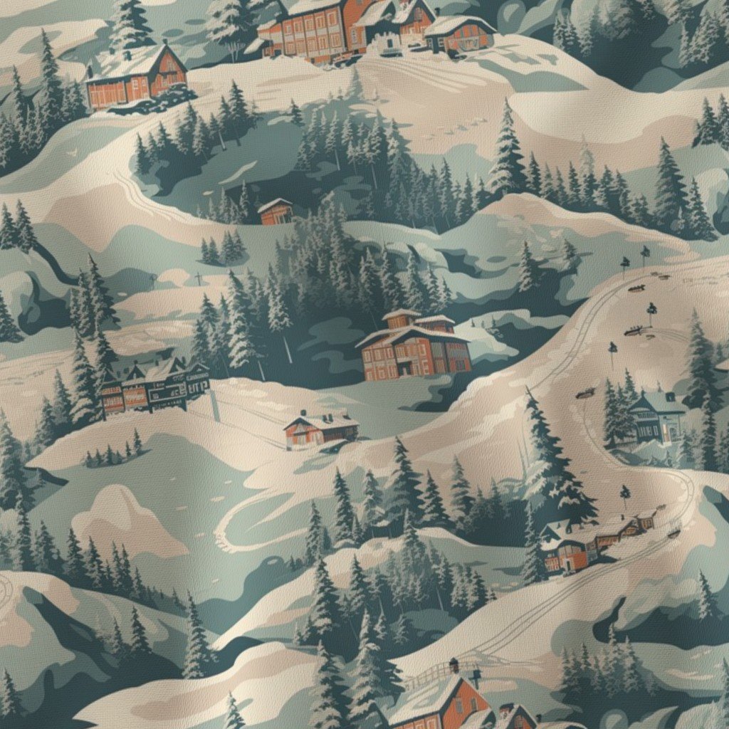 Small Vintage Ski Slope Cabins in Woods Blue Fabric skiing vintage ski fabric