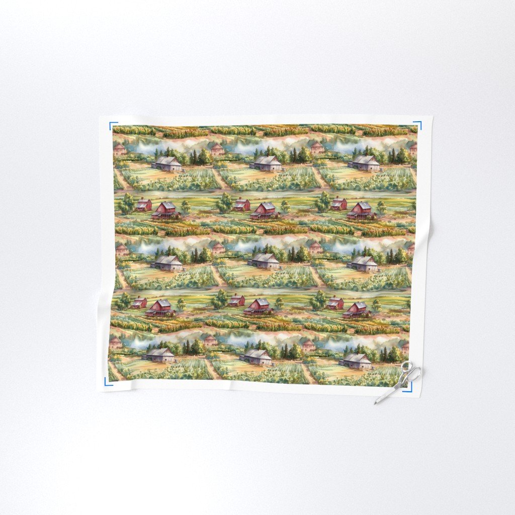 Summer Farm Landscape Watercolor Fabric farm watercolor fabric