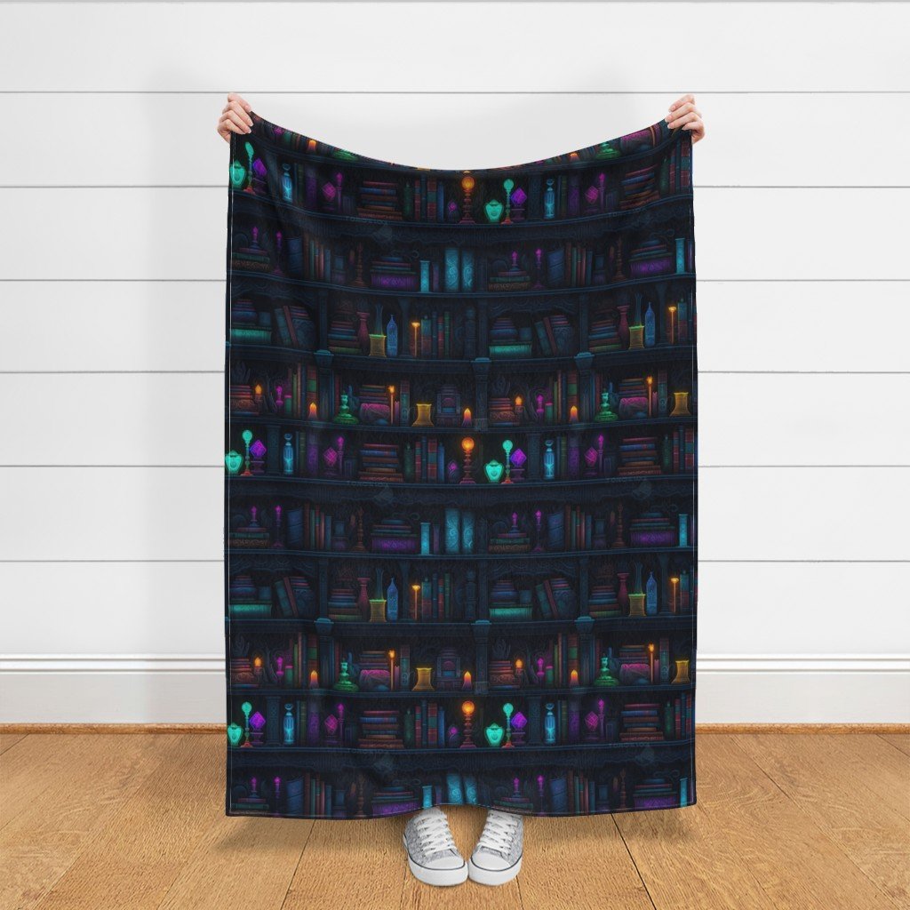Spooky Photo realistic Dark Academia Bookshelves in Bright Neons Fabric lantern skulls fabric
