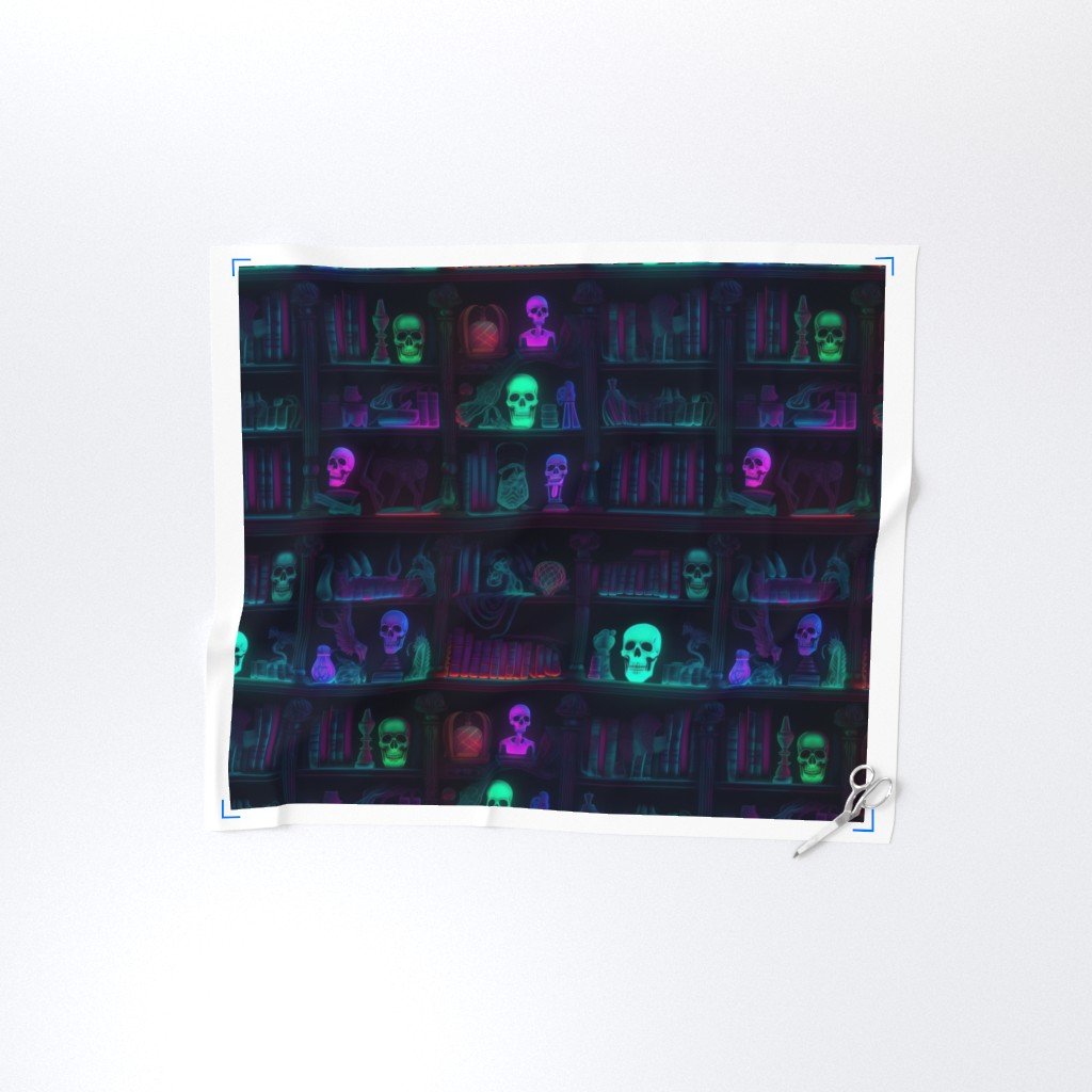 Spooky Photo realistic Dark Academia Bookshelves in Bright Neons Fabric lantern skulls fabric