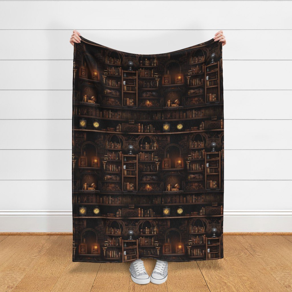 Spooky Photo realistic Dark Academia Stampunk Bookshelves in Muted Fabric lantern skulls fabric