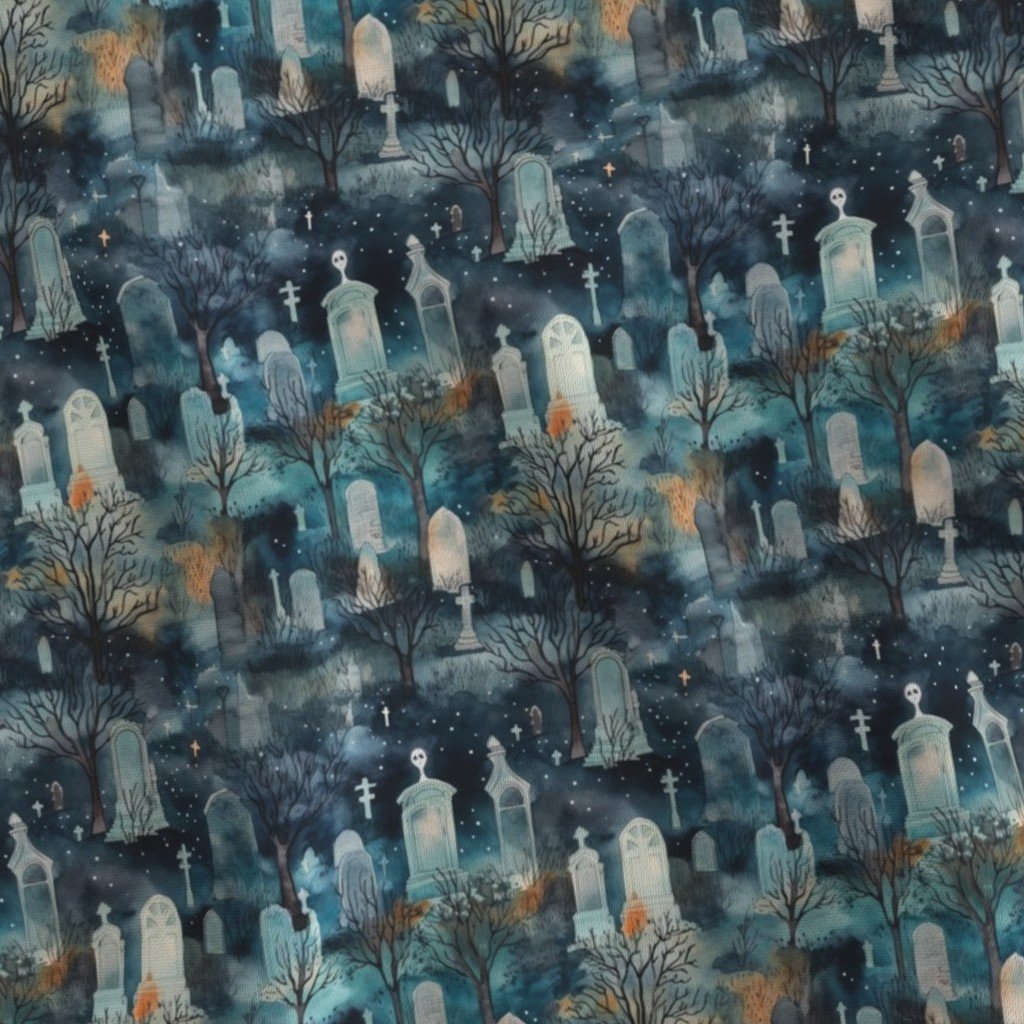 Mini Haunted Graveyard and Night Mist Blue Moonlight with Ghosts Fabric misty night fabric