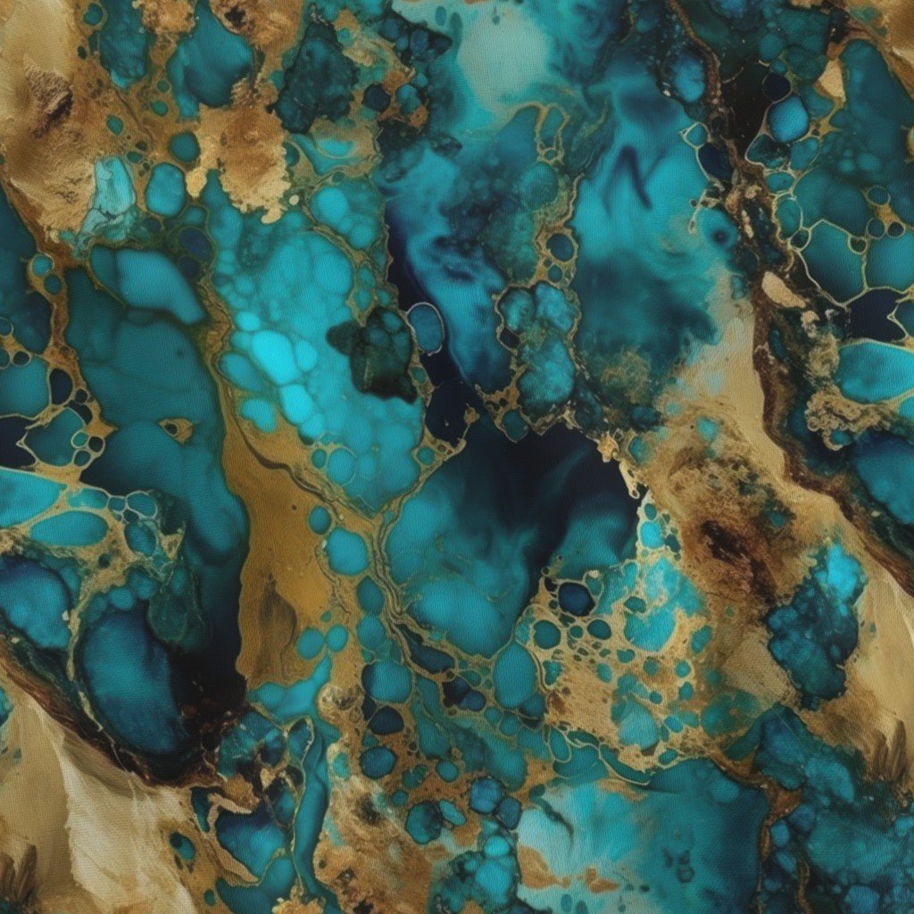 Small Turquoise and Gold Alcohol Ink 4 Fabric inky swirls fabric