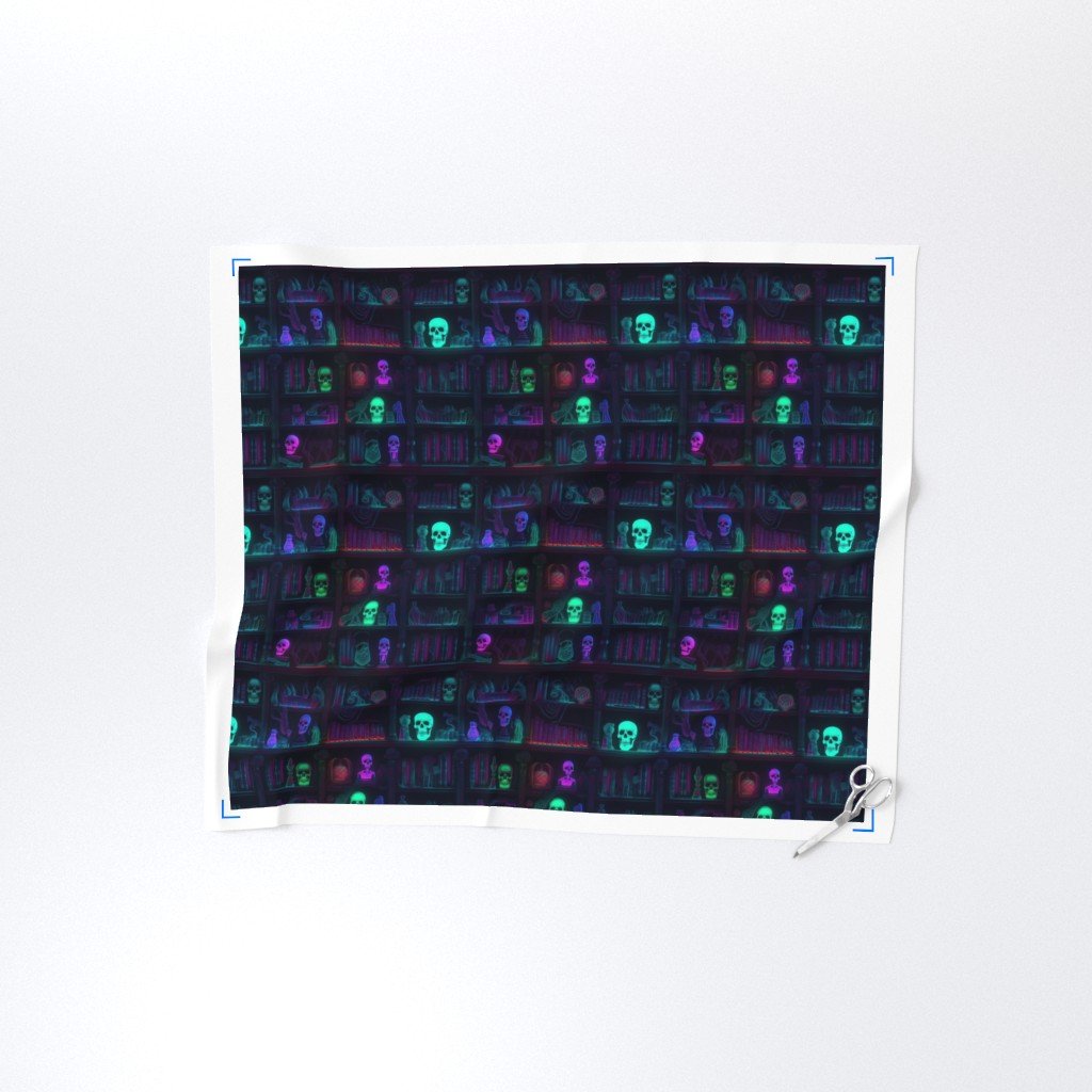 Small Spooky Photo realistic Dark Academia Bookshelves in Bright Fabric neon library fabric