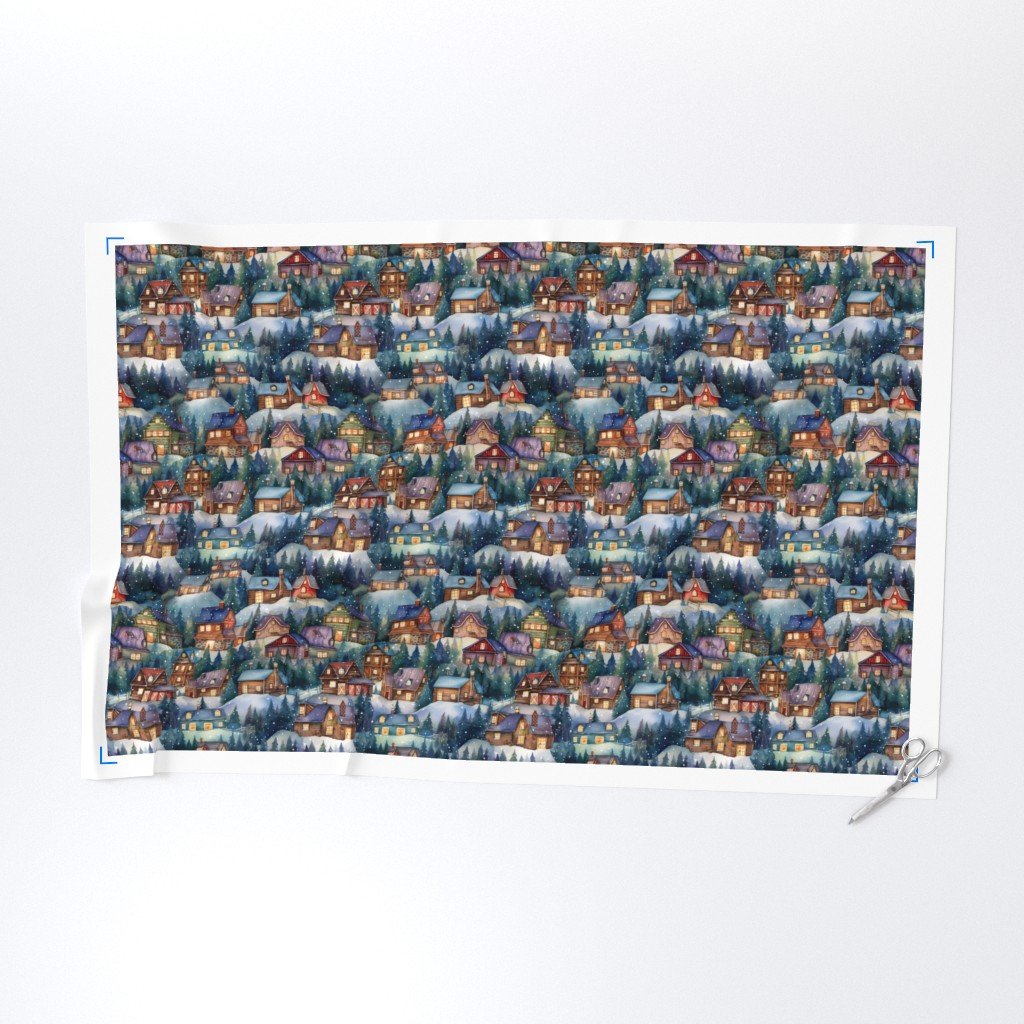Small Christmas Rustic Country Winter Cabins Watercolor Fabric christmas village fabric