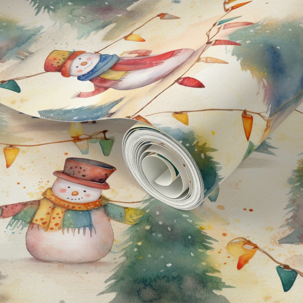 Christmas Snowmen with Christmas Lighted Trees Watercolor Wallpaper christmas trees wallpaper