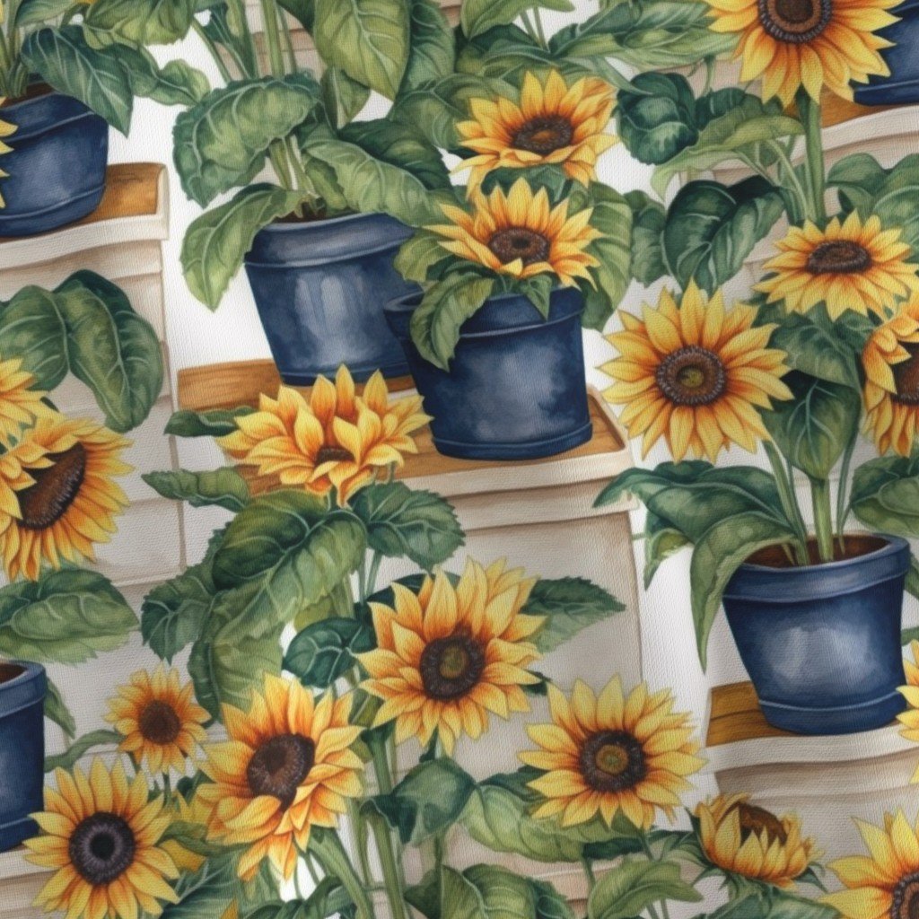 Potted Yellow Sunflower Plants Watercolor Fabric potted plants fabric