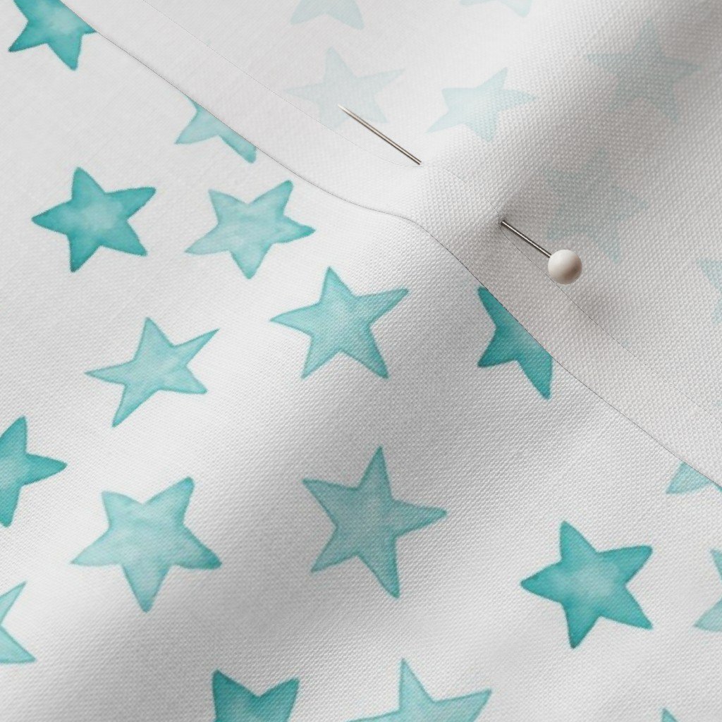 Small Faded Aqua Christmas Stars on White Fabric aqua stars fabric