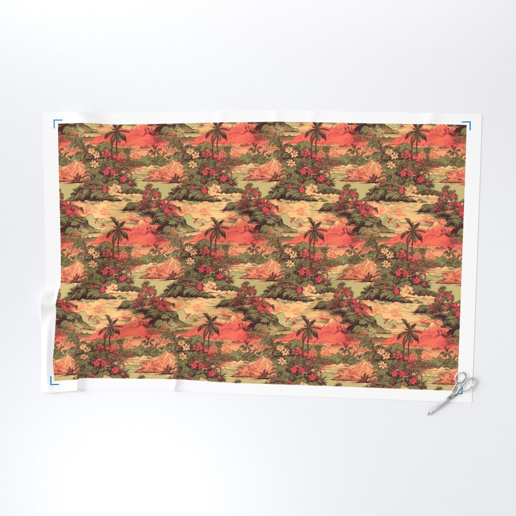 Small Vintage Hawaiian Landscape in Sage Green and Orange Fabric orange hawaii fabric