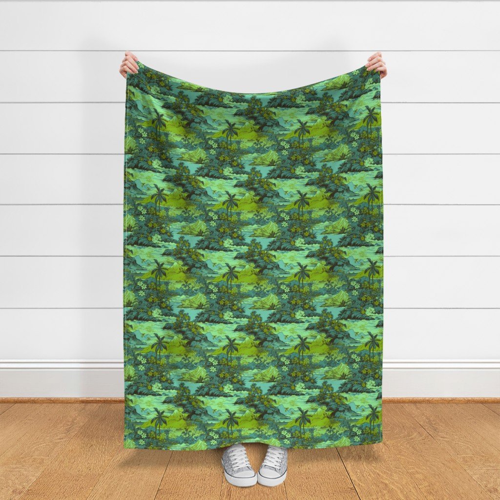 Small Vintage Hawaiian Landscape in Lime and Aqua Fabric hawaiian village fabric