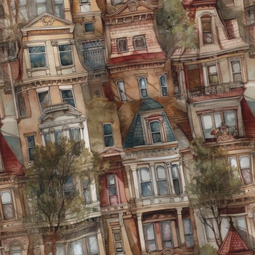 Brownstone Buildings in Varied Tones of Brown Watercolor Fabric arches fabric