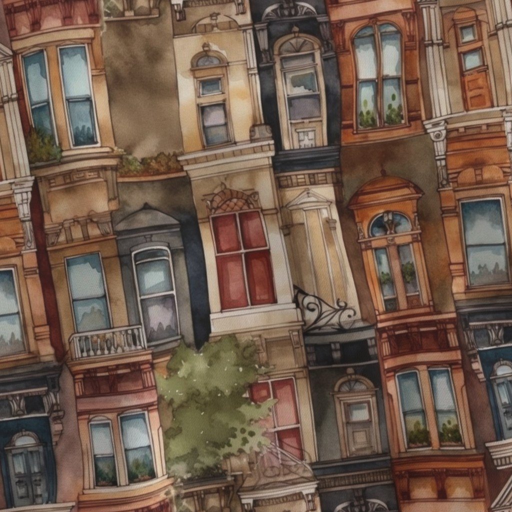 Brownstone Buildings in Varied Tones of Brown Watercolor Fabric arches fabric