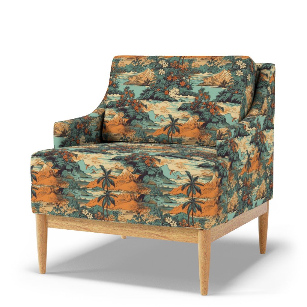 Small Vintage Hawaiian Landscape in Teal and Orange Fabric old hawaii fabric