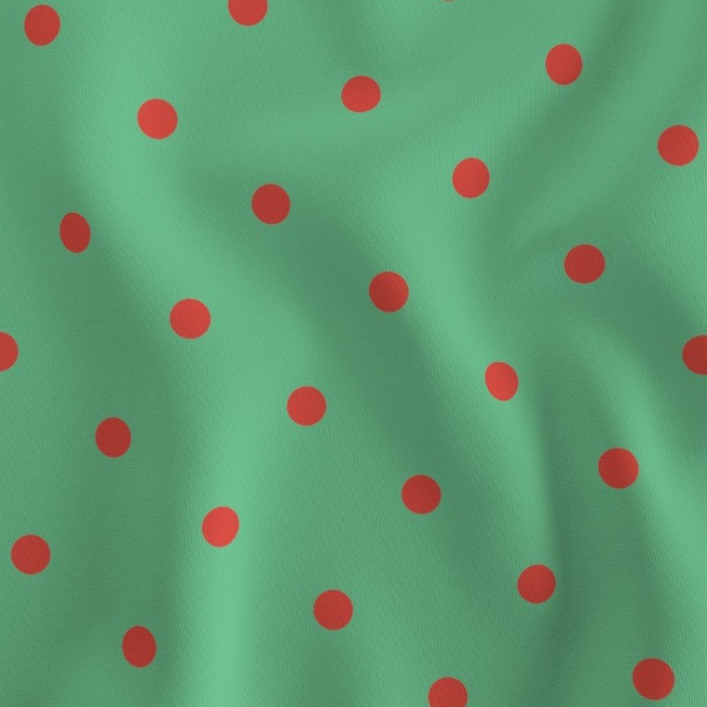 Red Vermillion Polka Dots on Vintage Christmas Green Fabric green dots fabric