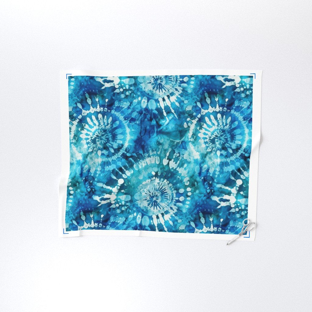 Jumbo Tie Dye Batik in Bright Blue Circling Swirls on Teal Fabric dye technique fabric