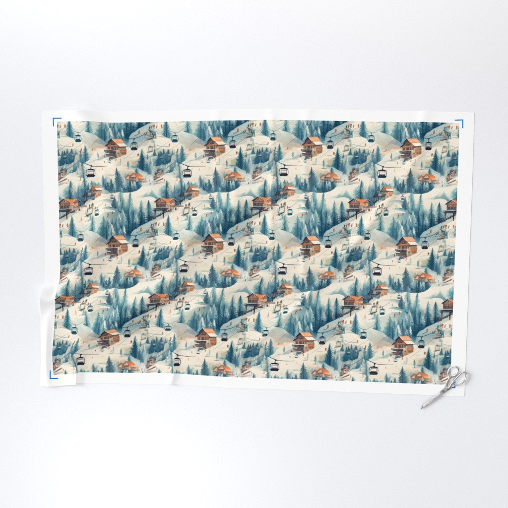 Vintage Ski Slope Cabins in Blue Woods Fabric ski slope fabric