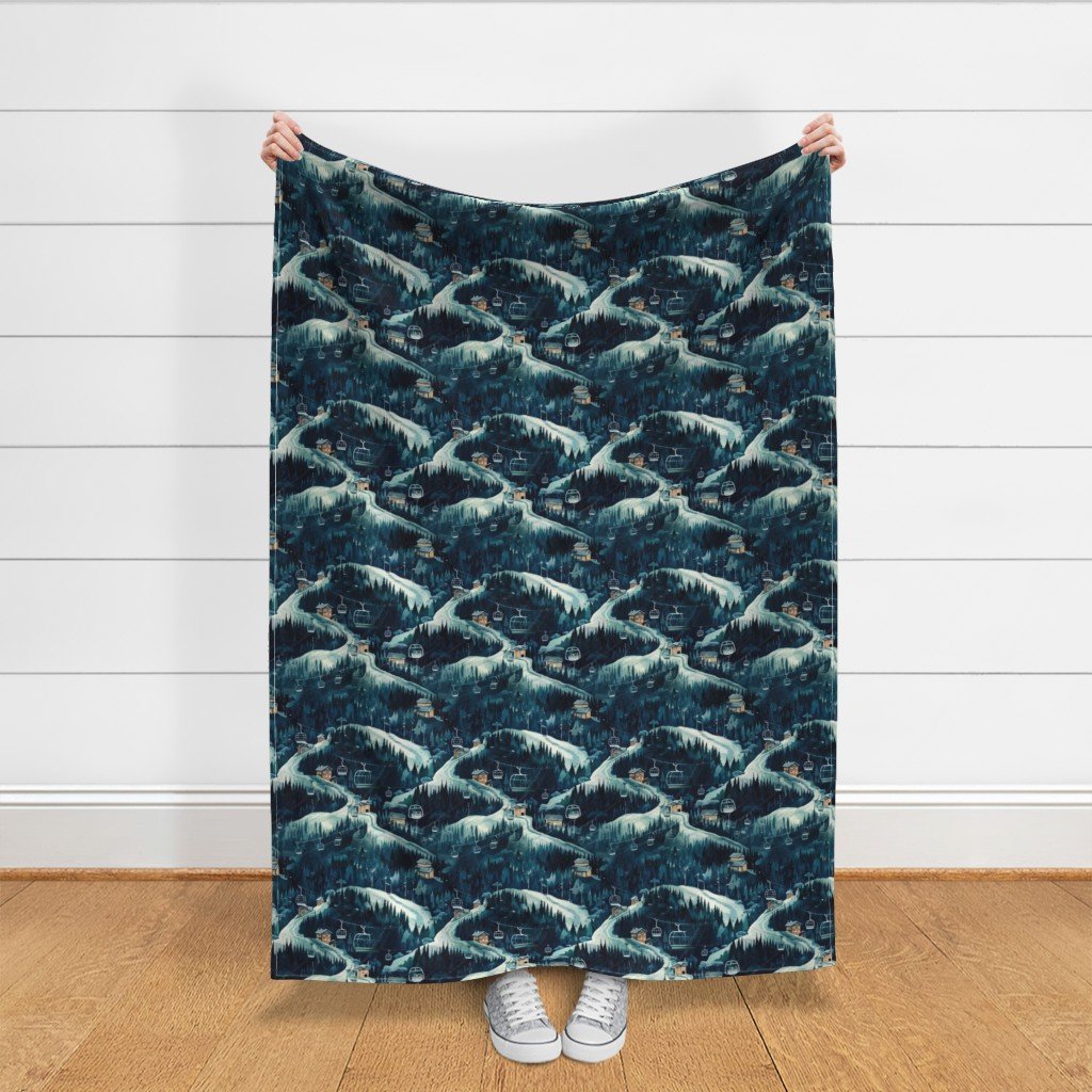 Vintage Ski Slope Cabins in Night Woods Blue Fabric ski scene fabric