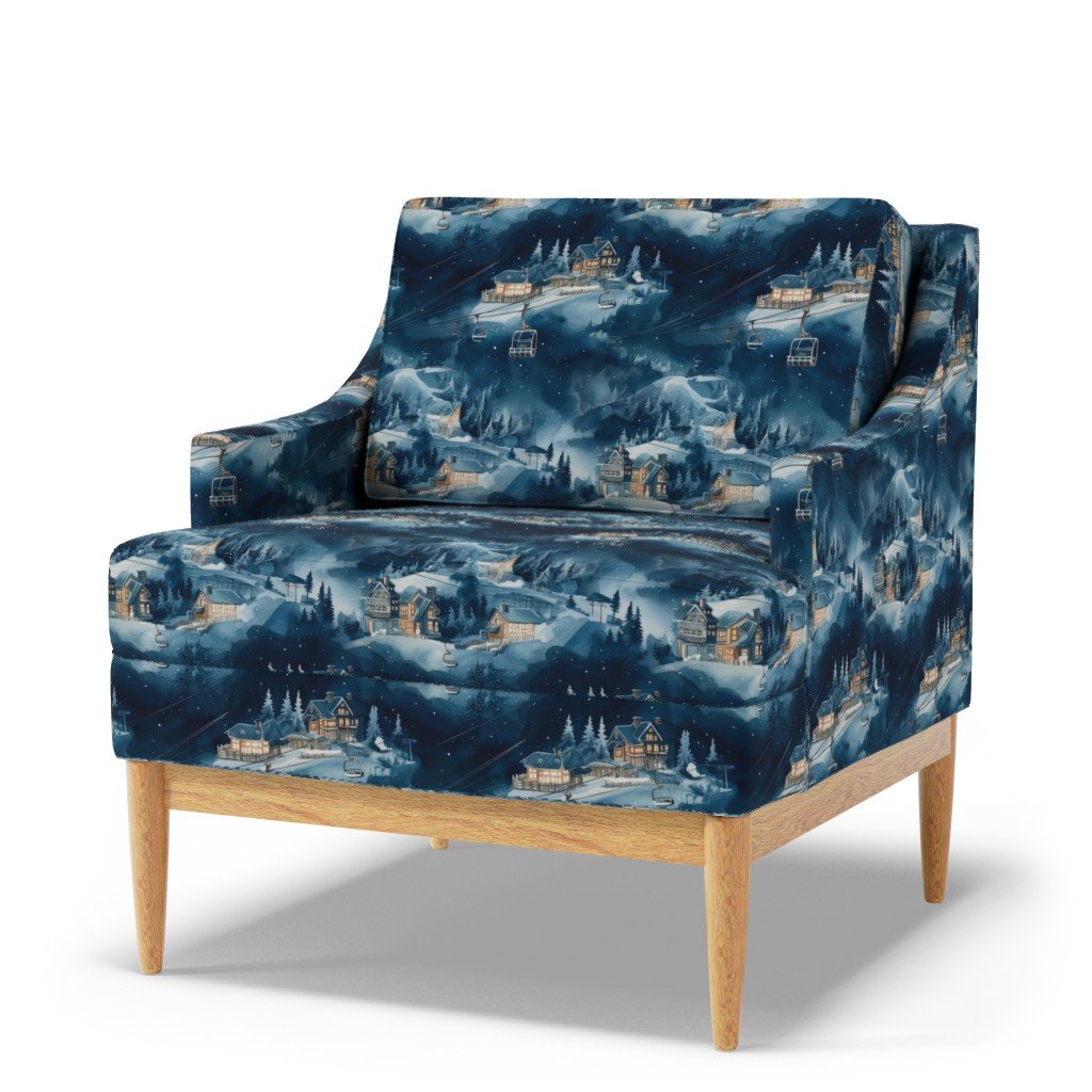 Charming vintage print of ski slope in blue at night Fabric ski scene fabric