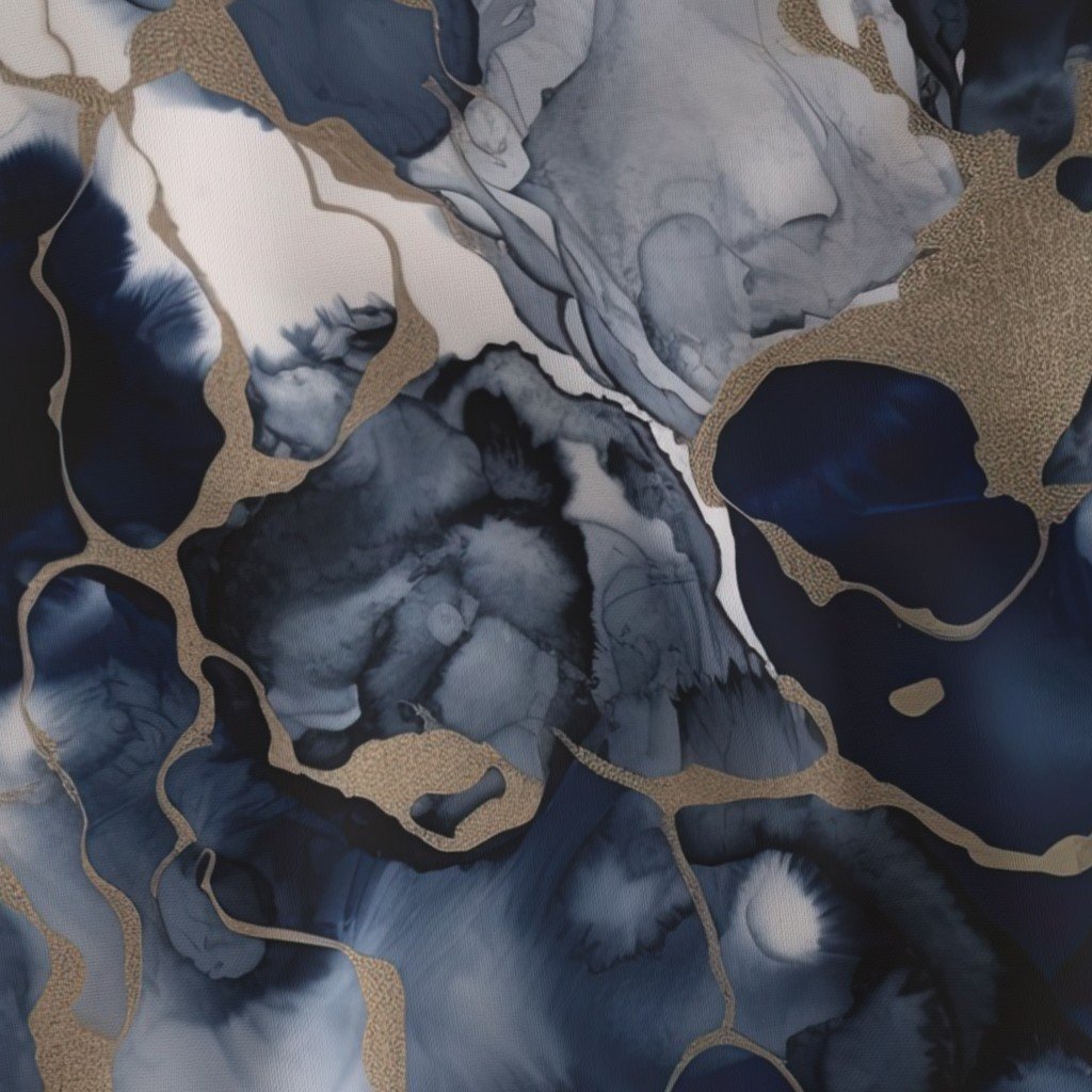 Twilight Navy Blue and Grey with Antique Gold Alcohol Ink Liquid Fabric swirling pattern fabric