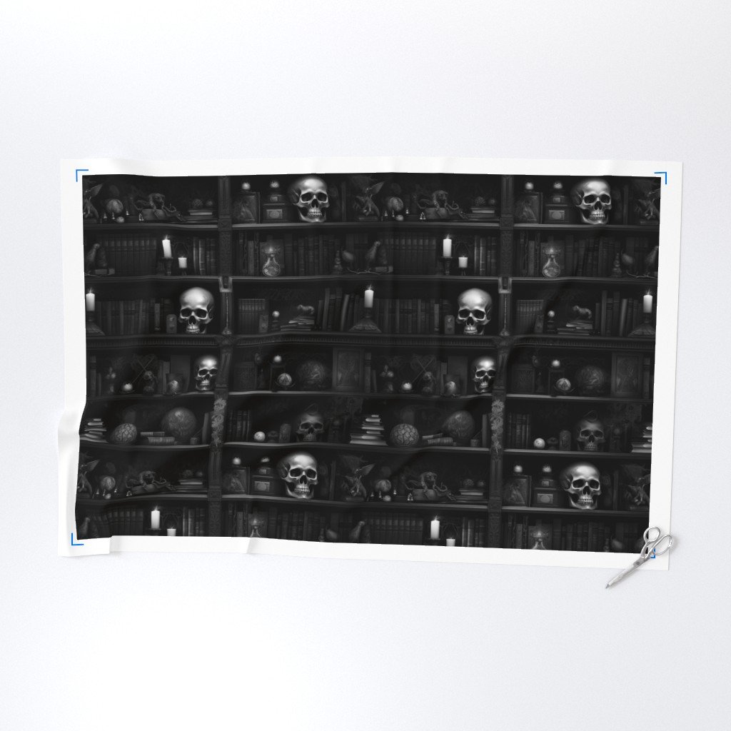 Spooky Photo realistic Dark Academia Bookshelves in Black and White Fabric lantern skulls fabric
