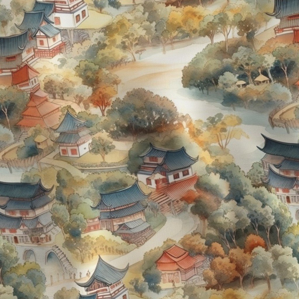 Small Chinese Village in Forest Watercolor Fabric chinese town fabric