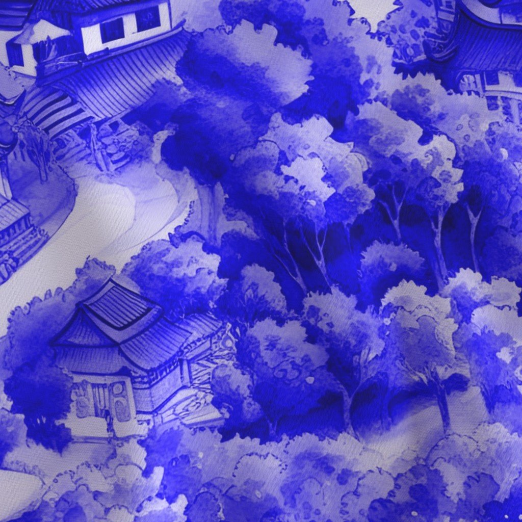 Small Chinese Village in Royal Blue Porcelain Glaze Fabric chinese china fabric