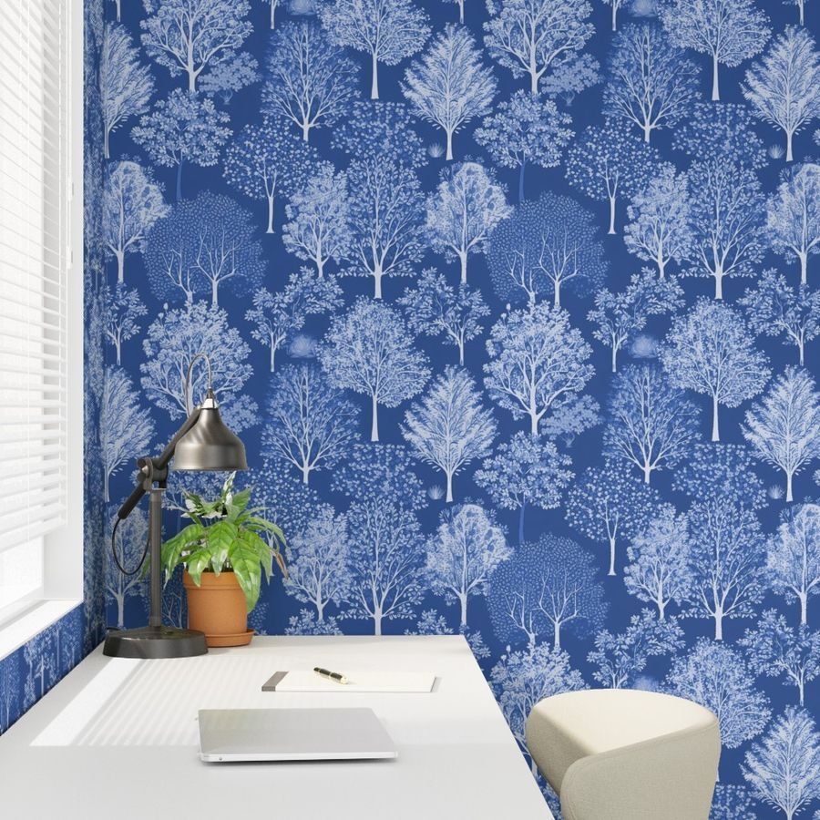 New England Endless Forest Trees Winter Light Blue Porcelain Glaze Wallpaper blue pattern wallpaper