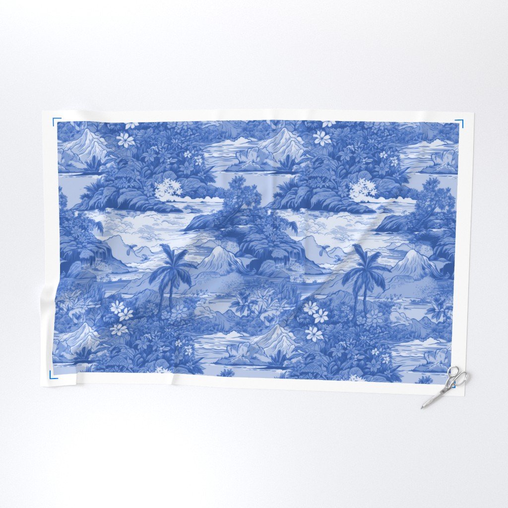 Vintage Hawaiian Landscape in Light Blue Porcelain Glaze Fabric light blue glaze fabric