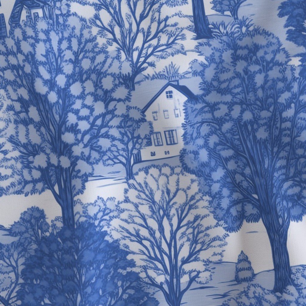 New England Village Houses with Trees in Light Blue Porcelain Glaze Fabric new england garden fabric