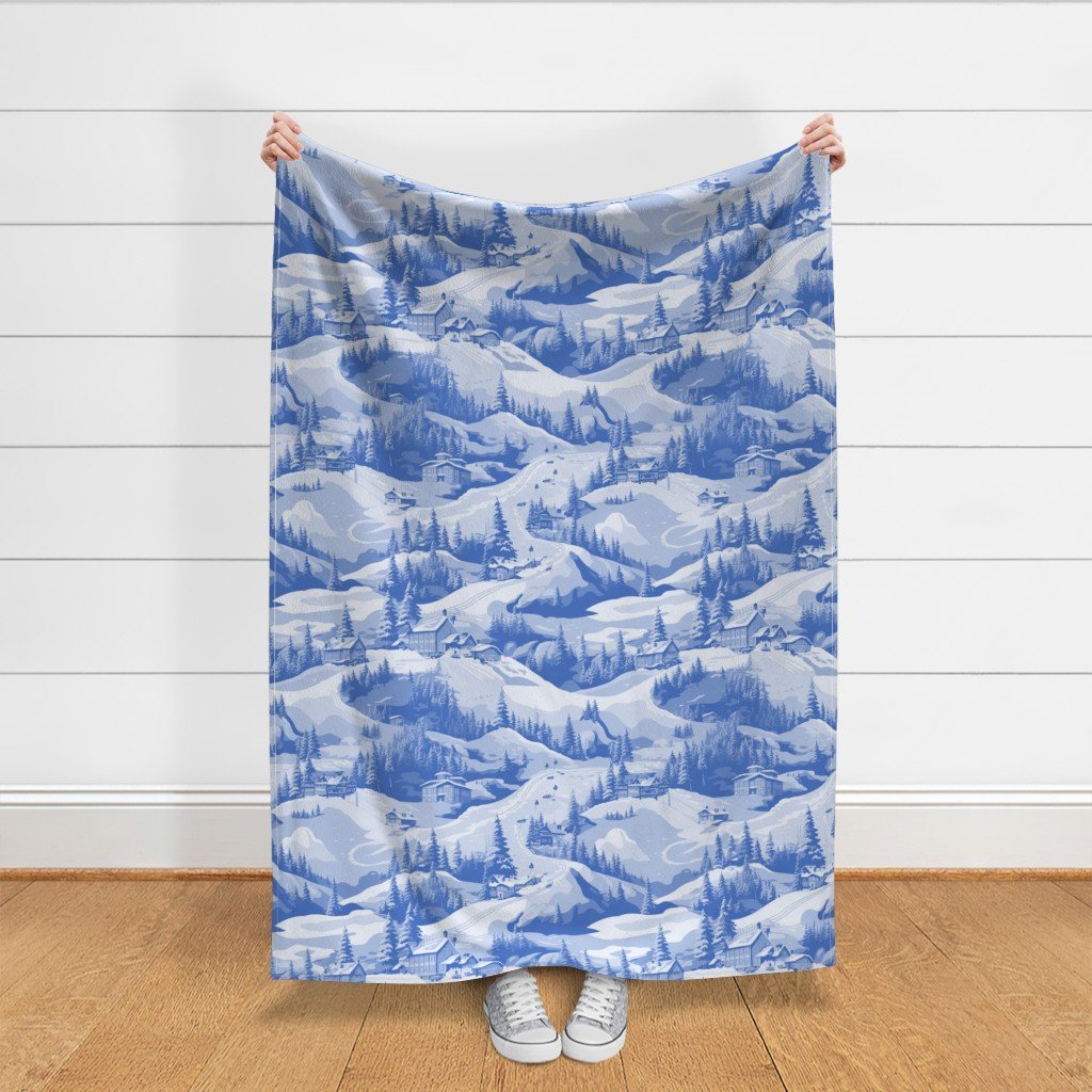 Small Montana Winter Cabins Montana with Evergreens in Mid China Blue Fabric montana evergreens fabric