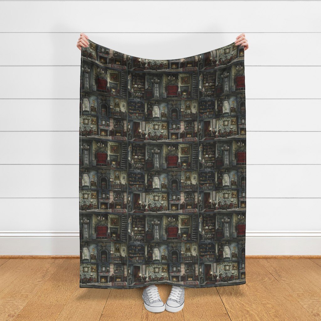 Victorian Gothic Dollshouse with Dark Academia Watercolor Decor 3 Fabric design fabric