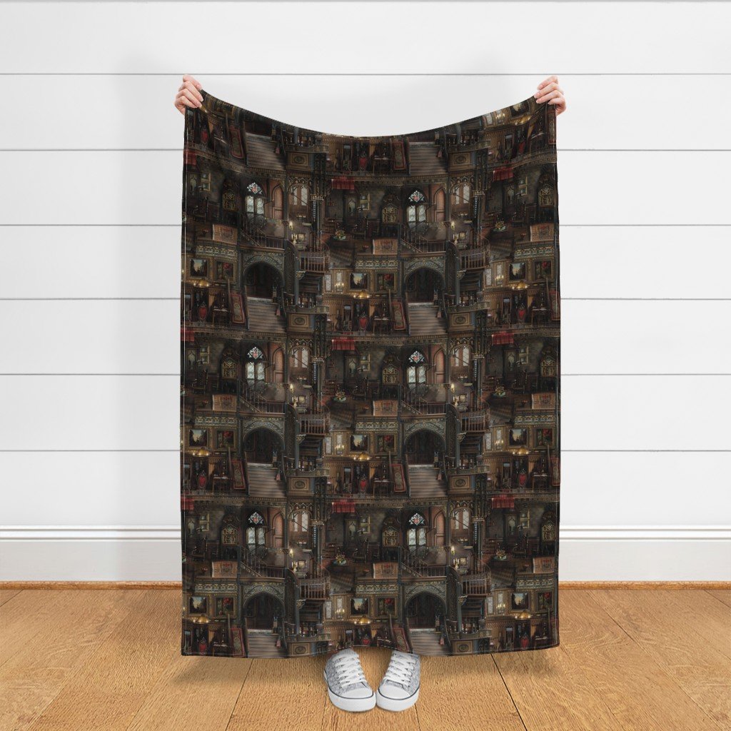 Victorian Gothic Haunted Dollshouse with Dolls in Dark Academia Fabric dollhouse decor fabric