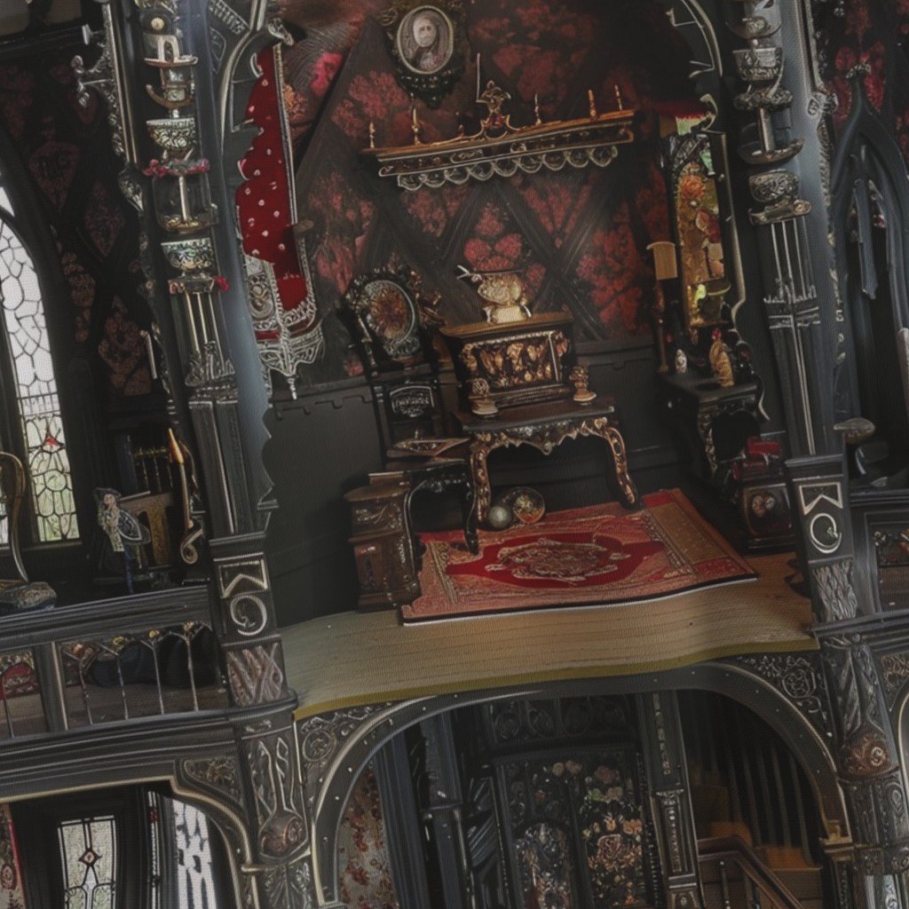 Victorian Gothic Haunted Dollshouse with Dolls in Dark Academia Fabric dollhouse decor fabric