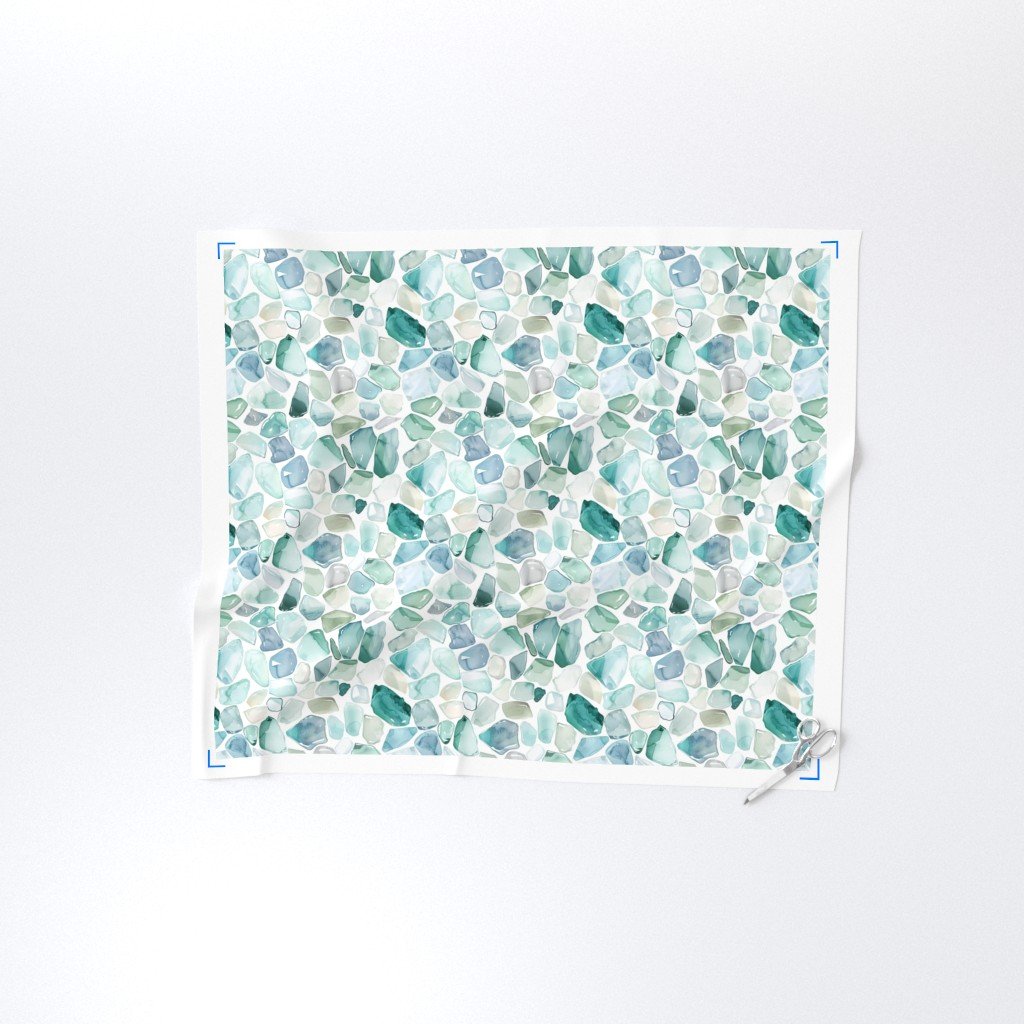 Blue and Aqua Shards of Tumbled and Scattered Watercolor Seaglass Fabric blue and aqua fabric