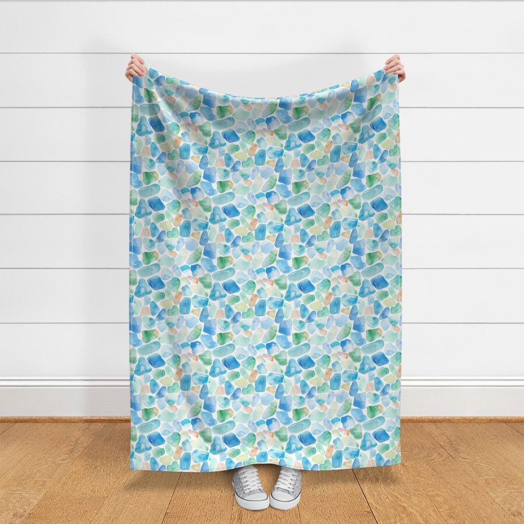 Blue and Green Shards of Tumbled and Scattered Watercolor Seaglass Fabric green seaglass fabric