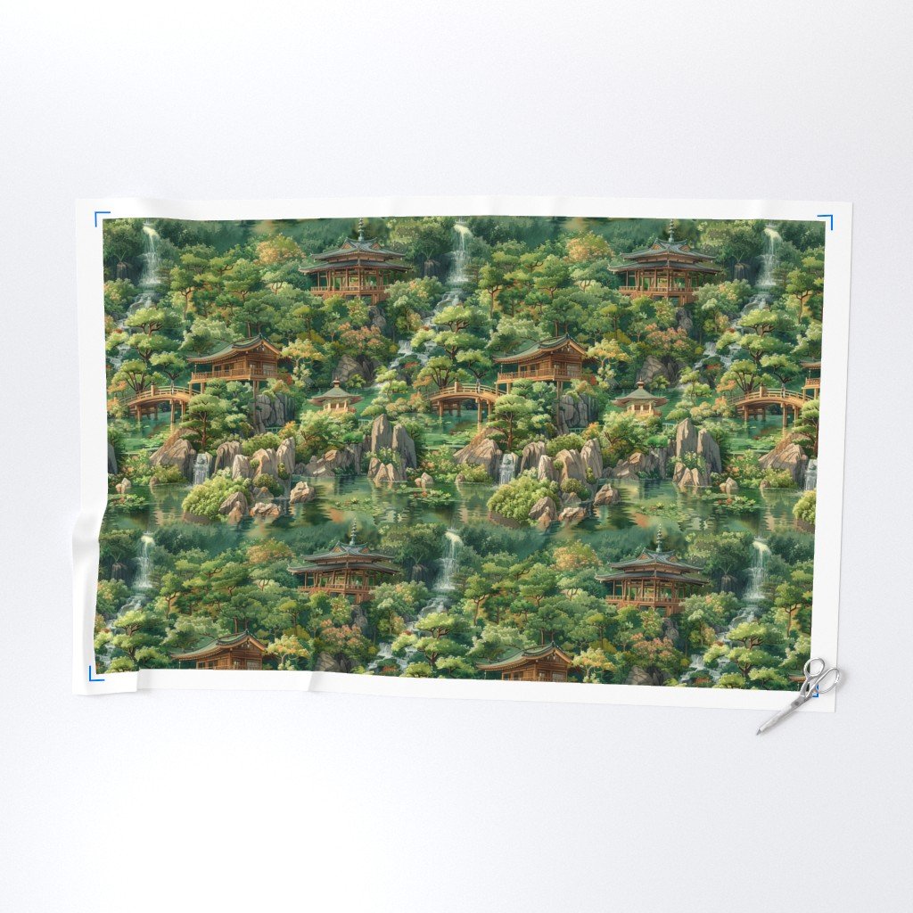 Zen Garden Haven Waterfalls Amidst Verdant Greenery Fabric green canopy fabric