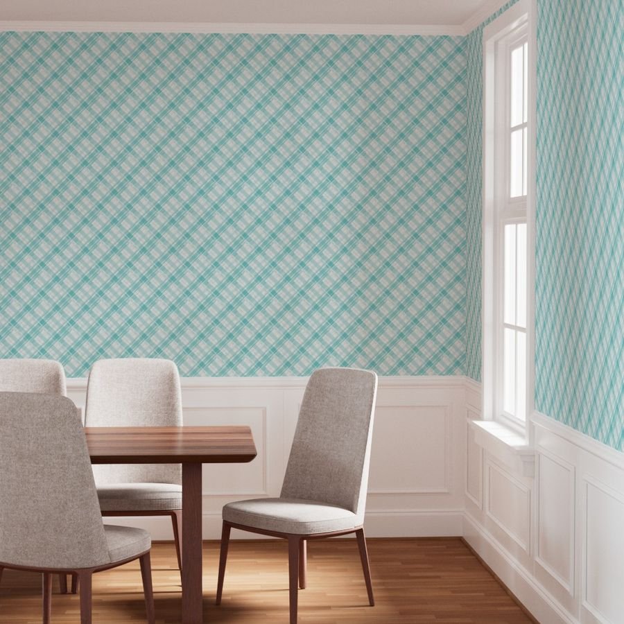 Faded Madras Diagonal Plaid in Aqua Wallpaper faded madras wallpaper