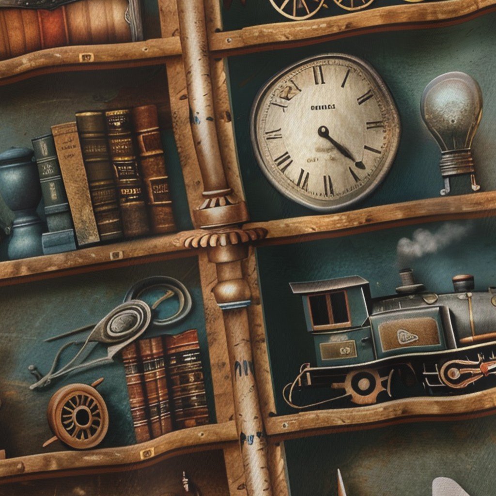 Vintage Steampunk Bookcase with Trains Gears and Clocks Fabric books fabric