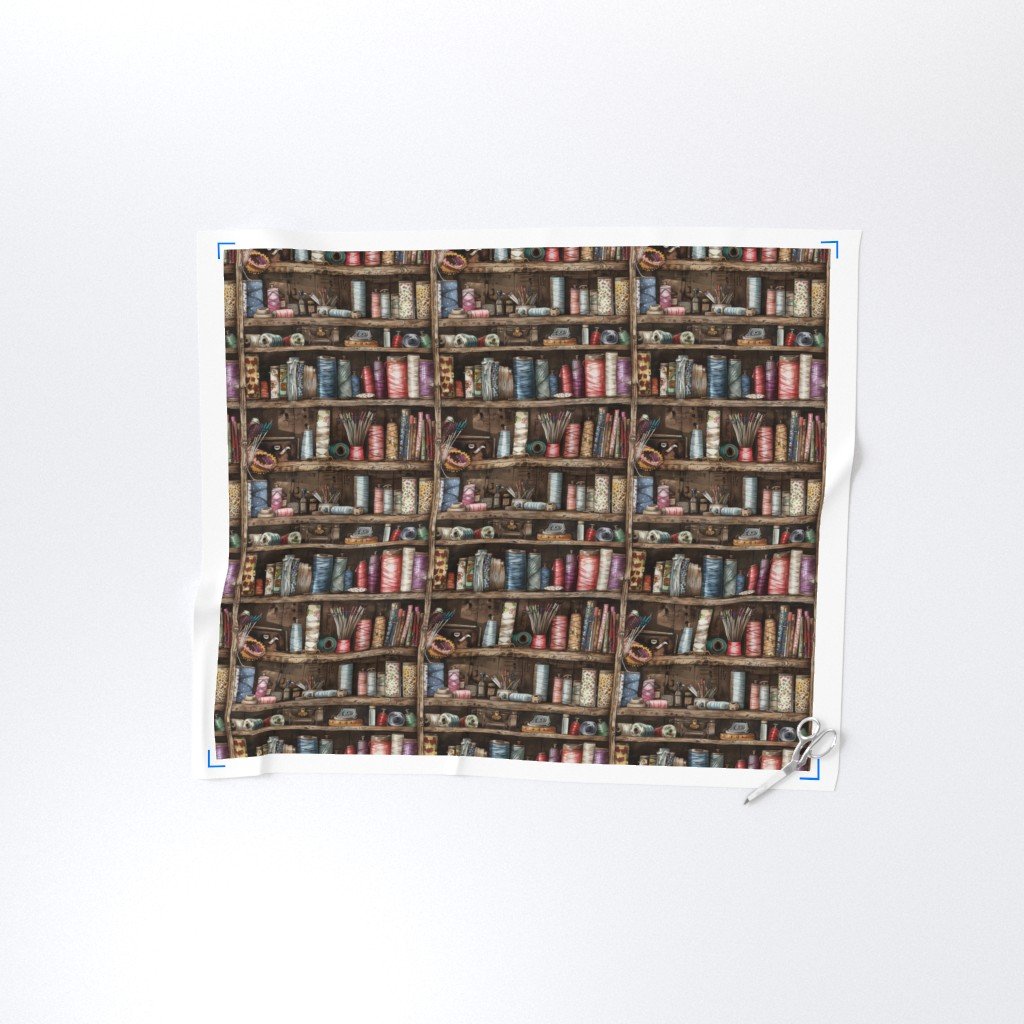 Vintage Bookcase Filled with Fabric Bobbins and Sewing Spools Fabric sewing supplies fabric