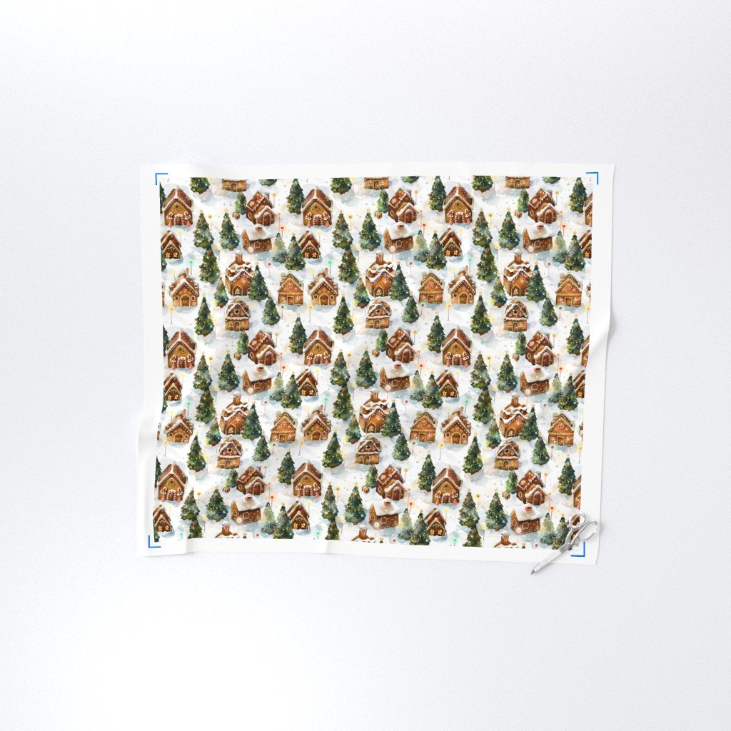Watercolor Gingerbread Village in Winter Wonderland with Decorated Fabric festive fabric