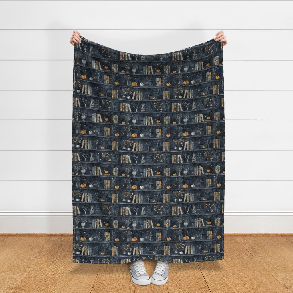 Dark Blue Halloween Pumpkins and Vases on Vintage Bookcase Fabric books fabric