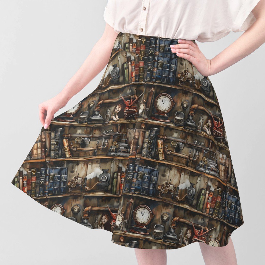 Vintage Steampunk Bookcase with Pipes Hoses and Gears in Watercolor Fabric cozy fabric
