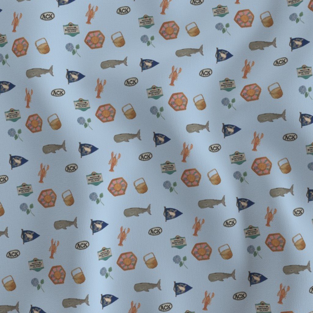 Nantucket Island Symbols and Motifs in Mini on Blue Fabric grey lady fabric