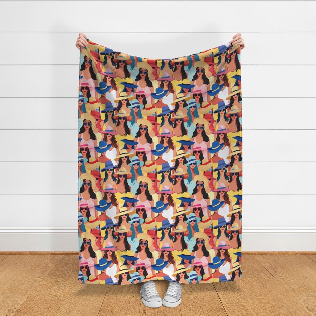 Women at the Beach in Summer in Sunhats and Suits Large Scale Bright Fabric mother s day fabric