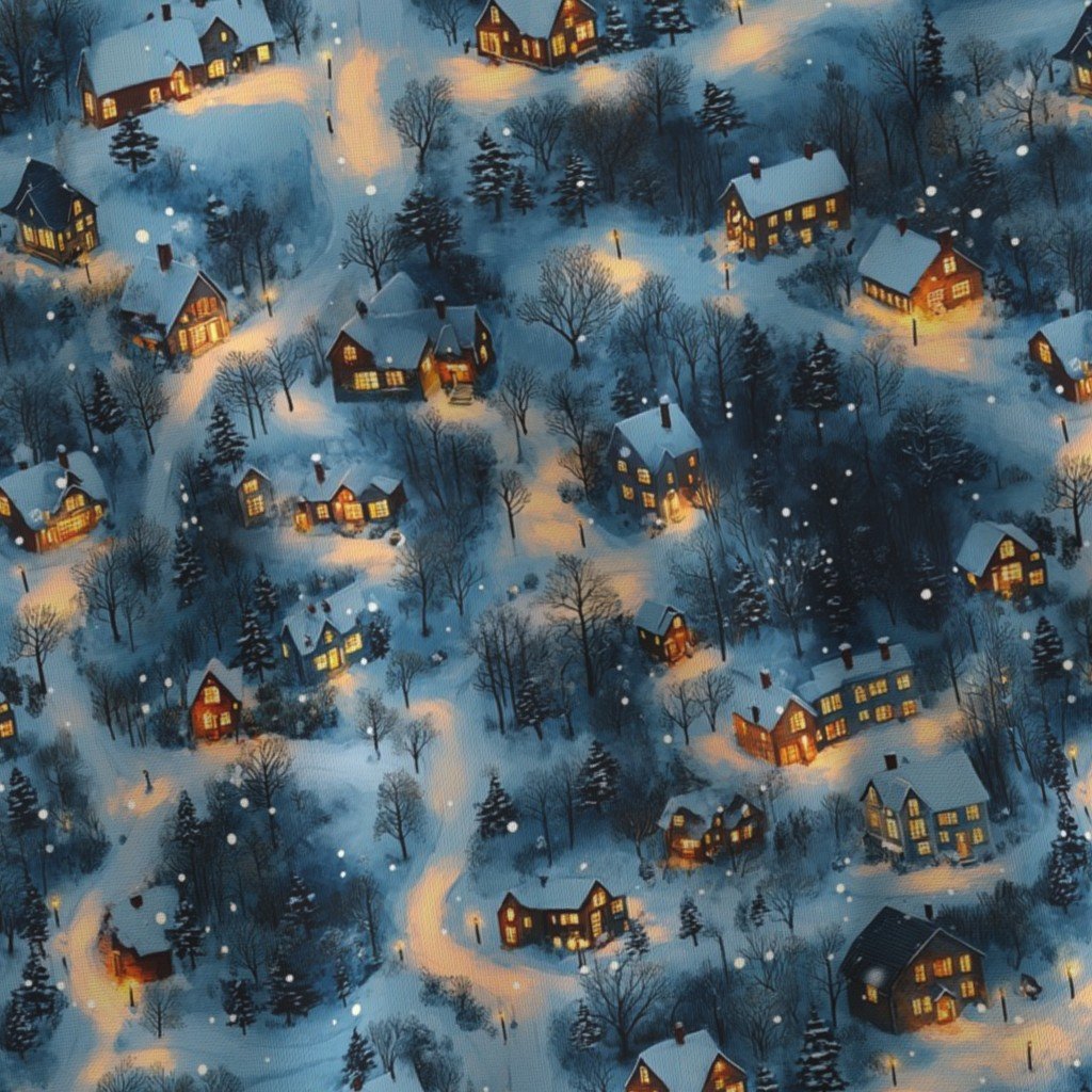 Whimsical Maine Christmas Village Blanketed In Snow At Night Fabric holiday fabric