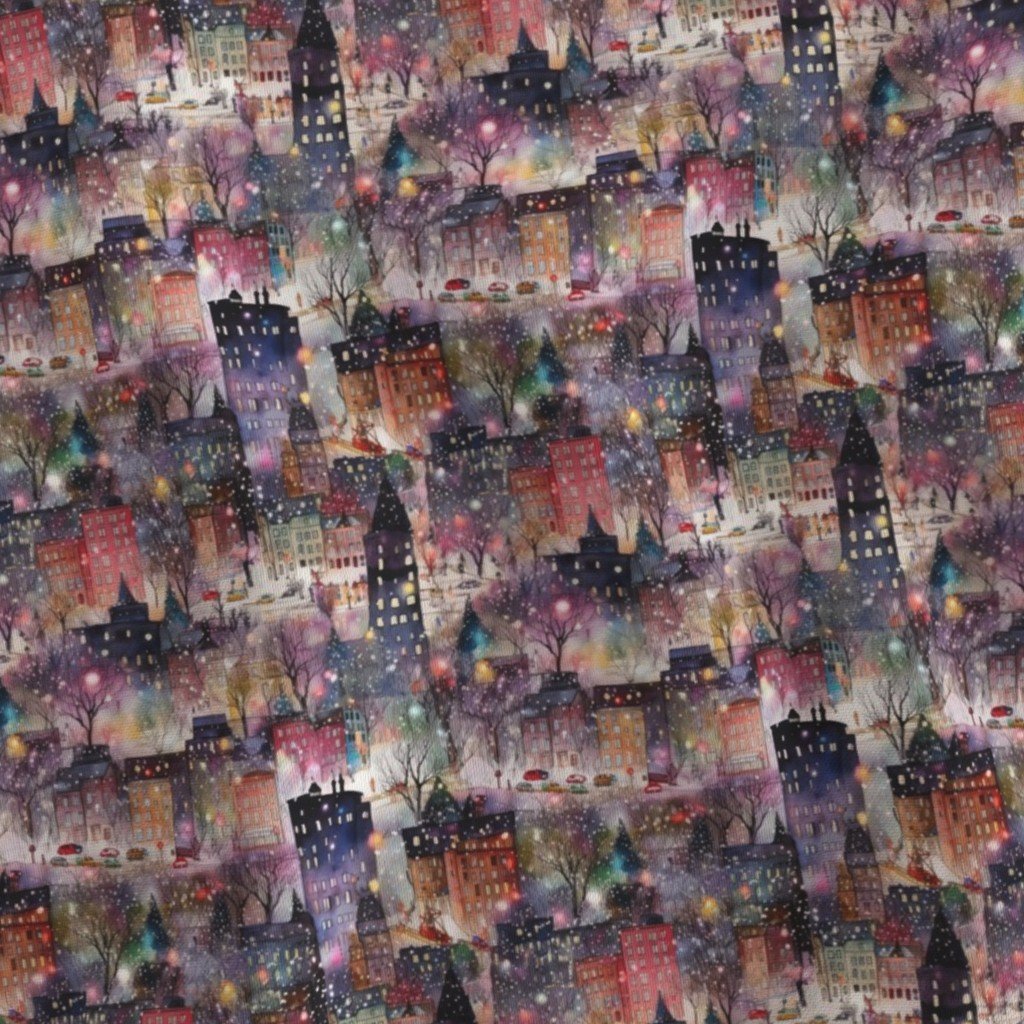 Small New York City Christmas Street Watercolor Fabric christmas village fabric