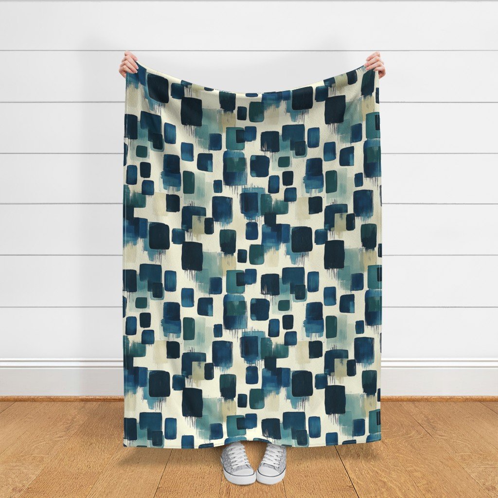 Large Abstract Brushstroke City Blocks in Deep Blue and Teal Fabric artistic fabric