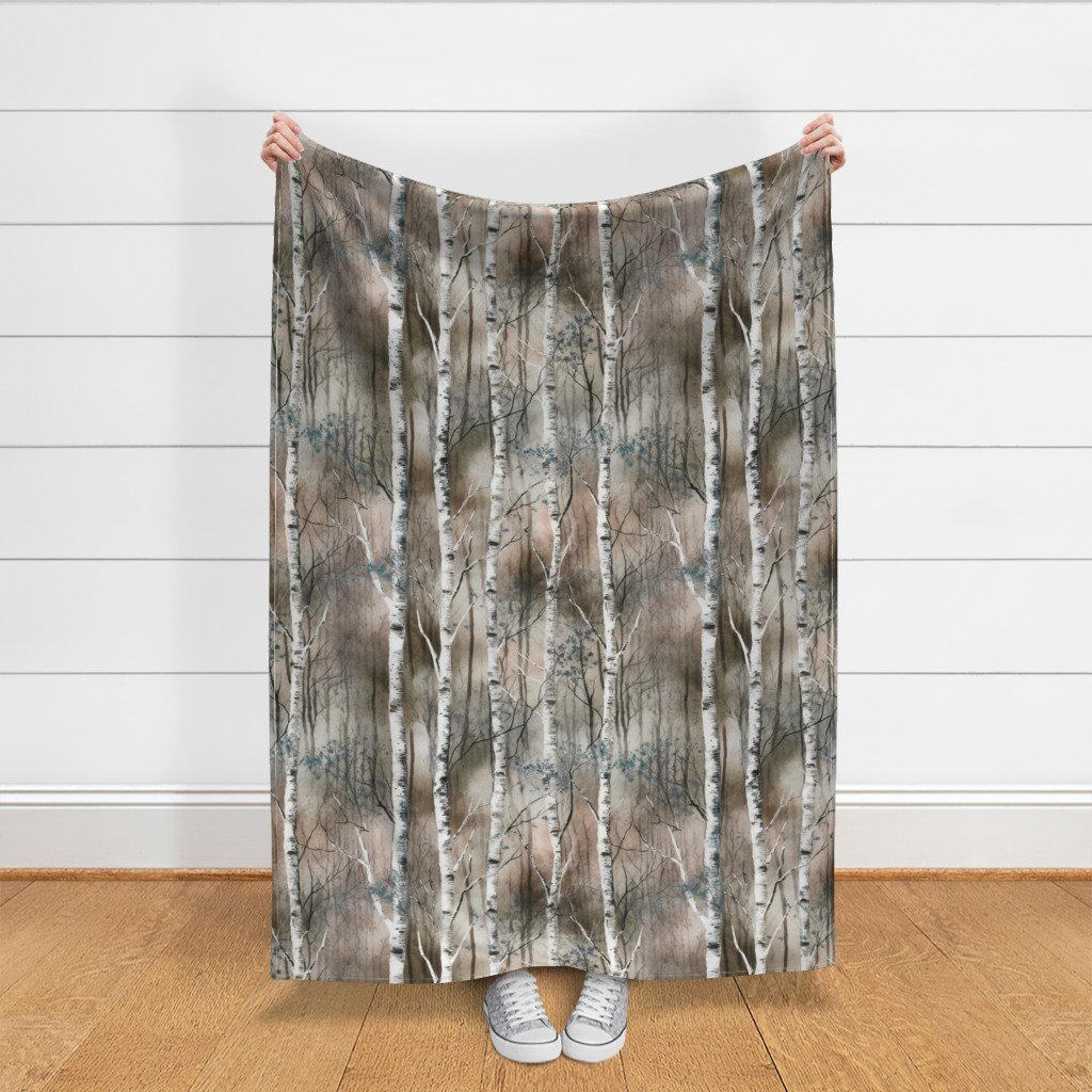 Endless Silver Birch Tree Dreamscape in Misty Taupe and Slate Blue Fabric calm fabric