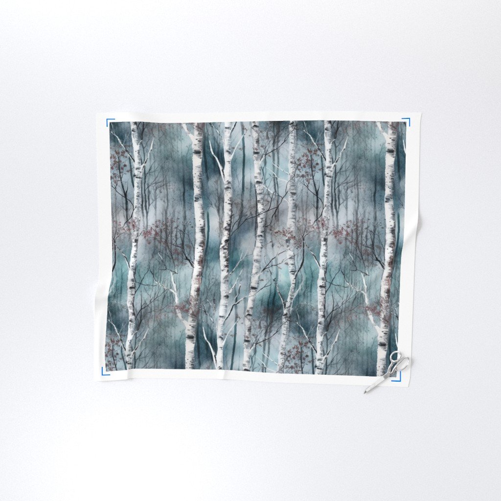 Endless Silver Birch Tree Dreamscape in Misty Teal and Soft Red Fabric ethereal fabric