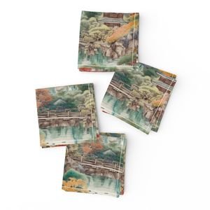 Small Japanese Water Garden Watercolor with Temples Home Styling Collection Design Collection yellow trees napkins design